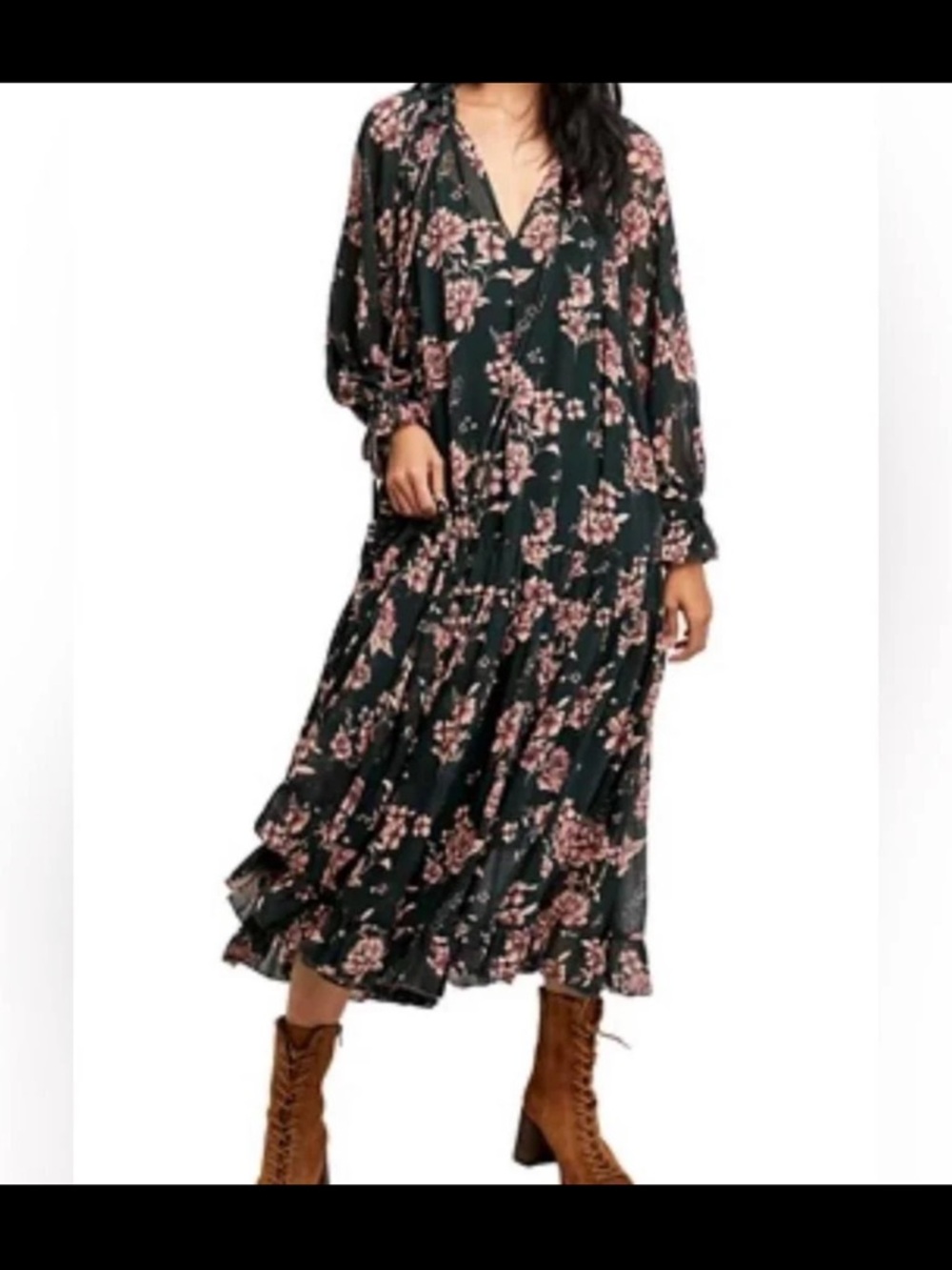 Feeling Groovy Free People Floral Long-Sleeve Midi Dress green &Pink Rose Print